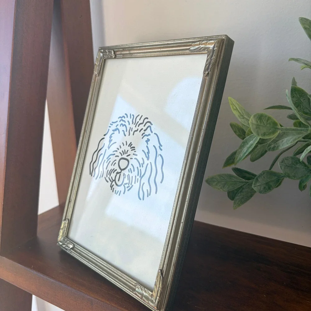 Vintage Brass Frame Goldendoodle Dog Line Art Portrait Minimalist Decor 5x7